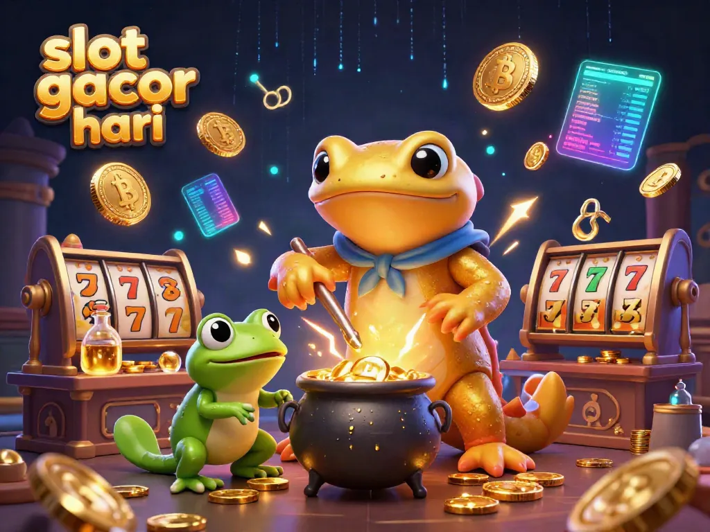 Sebuah ilustrasi 3D menampilkan scene "slot gacor hari ini" dengan salaman alkimia raksasa menghasilkan koin emas di laboratorium, dikelilingi slot reels dan simbol jackpot.
