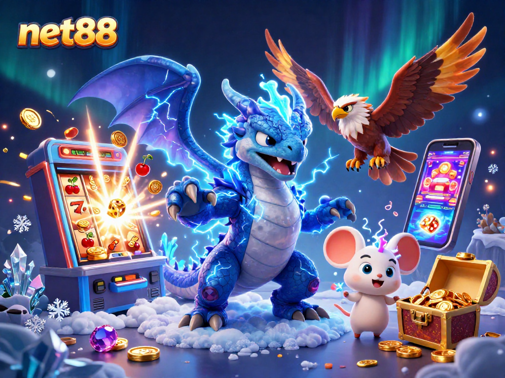 Experience net88's vibrant gaming world with a dynamic jackpot scene bursting with excitement.