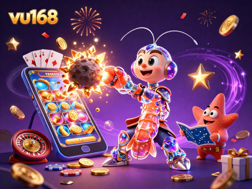Experience thrilling gameplay at vu168 with a vibrant galactic samurai encountering golden gems in this energetic casino scene.