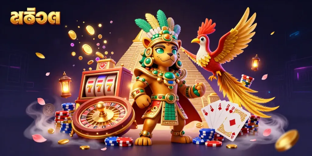 Engage in สล็อต action with vibrant 3D casino scene showcasing Mayan priest and slot elements.