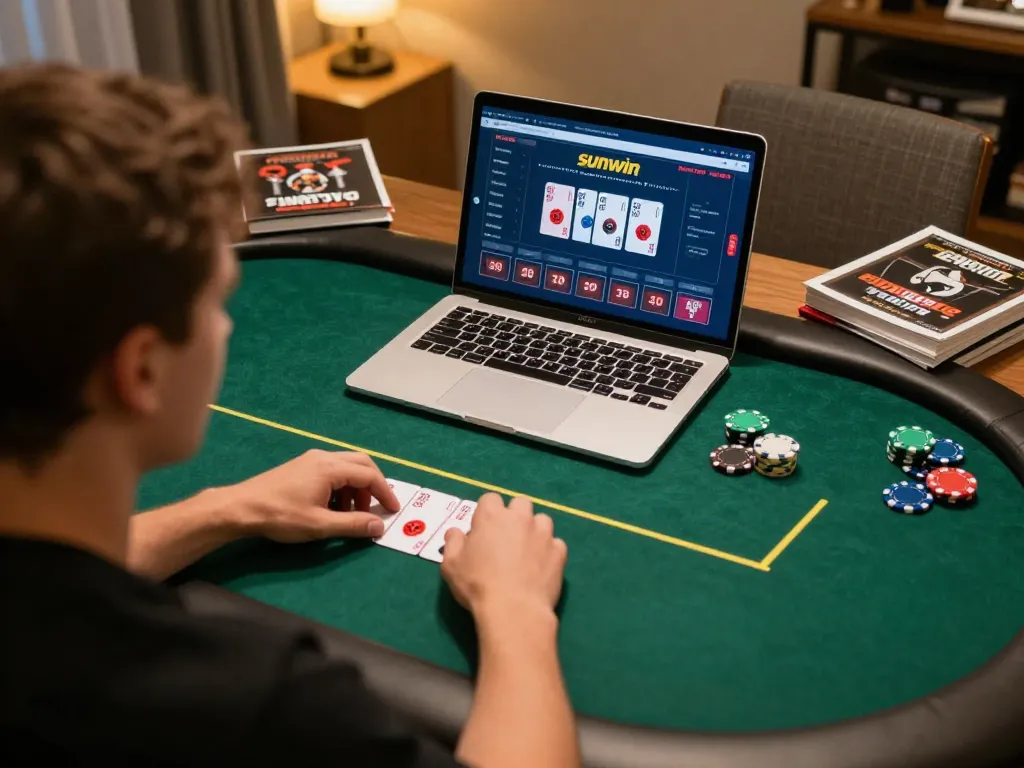 sunwin players engaging in an online poker game while strategizing at home with cozy lighting