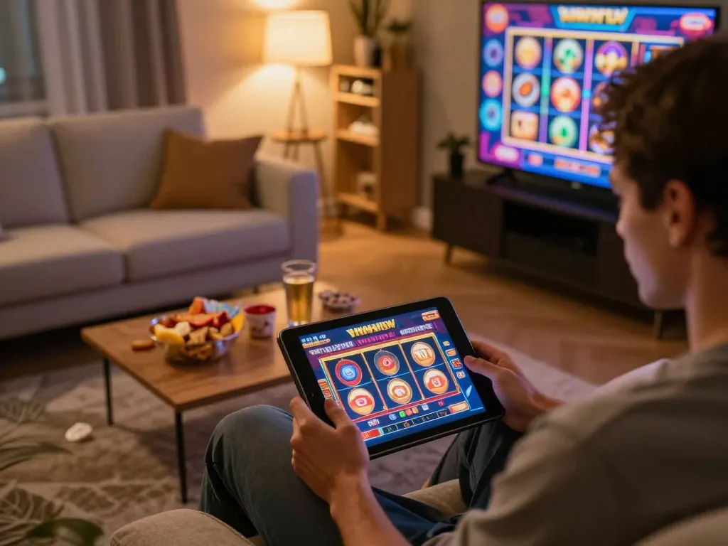 Engaging with a Chatgpt caricature-inspired online casino game on a tablet.