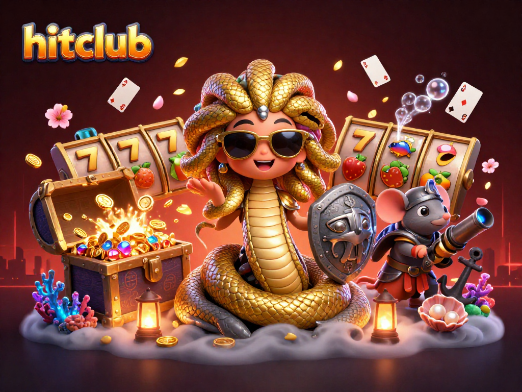 Experience winning strategies at hitclub with Medusa and a warrior mouse in an action-packed casino scene.