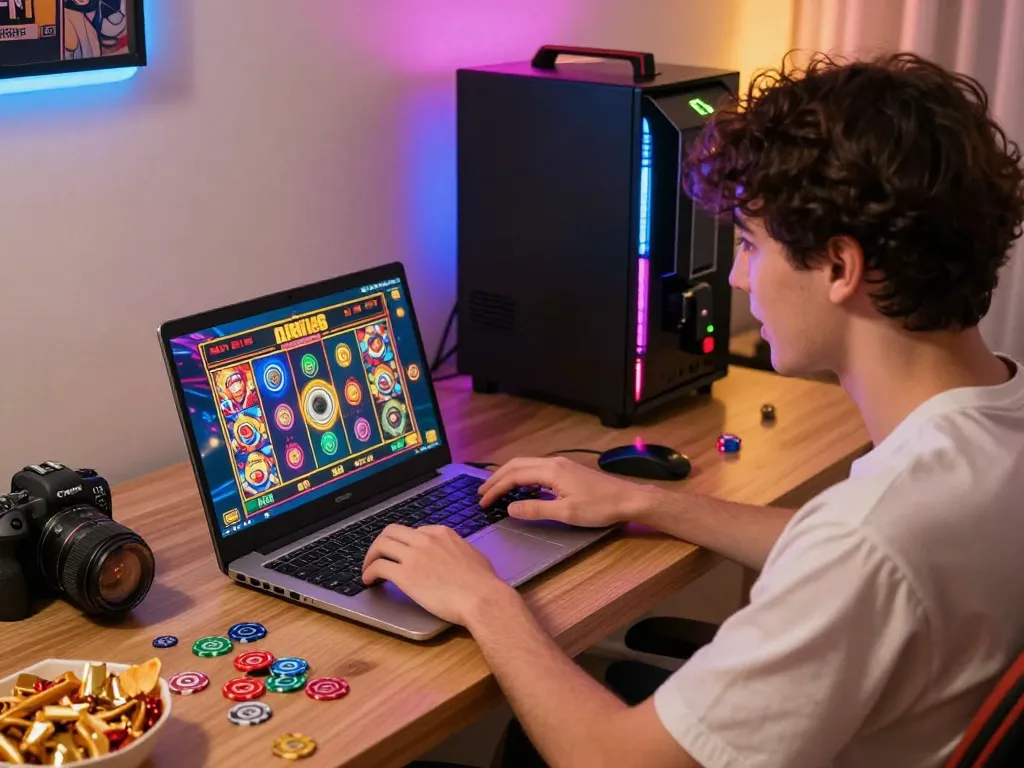Suasana bermain yang menarik menunjukkan individu menikmati laoban188 slot gacor terpercaya di laptop dikelilingi oleh token dan grafik berwarna-warni.