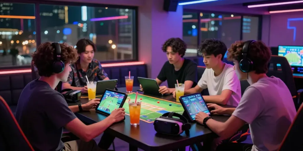 Friends playing on a bingo app download apk in a lively gaming lounge with modern decor.