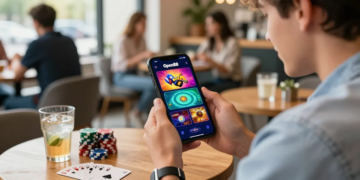 Player enjoying Open88.COM mobile gaming experience in a lively coffee shop.