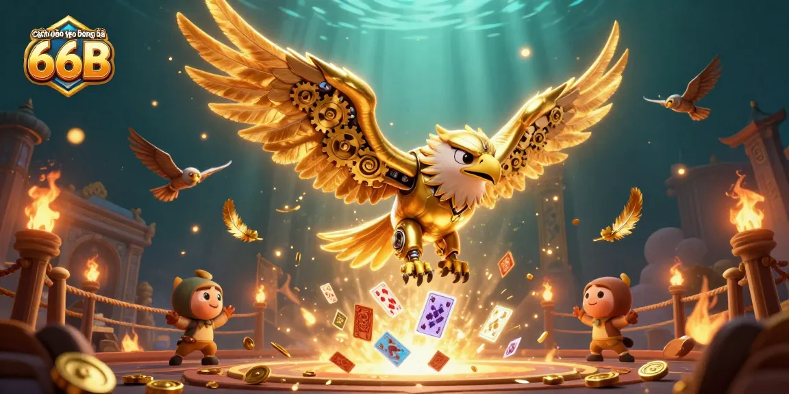 Cách đọc kèo bóng đá 66B illustrated by a cybernetic eagle amidst holographic playing cards
