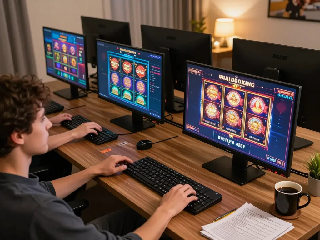 Player enjoying hi88s online gaming with vibrant slot screens and strategic notes.
