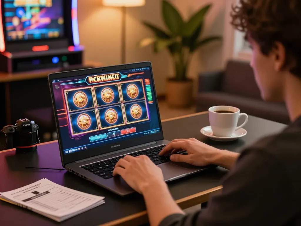 Engaged player enjoying slot games on OPEN88 COM laptop, creating a vibrant online gaming experience.