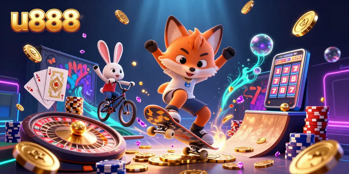 Experience thrilling wins at u888 with an action-packed casino scene featuring vibrant games and dynamic characters.
