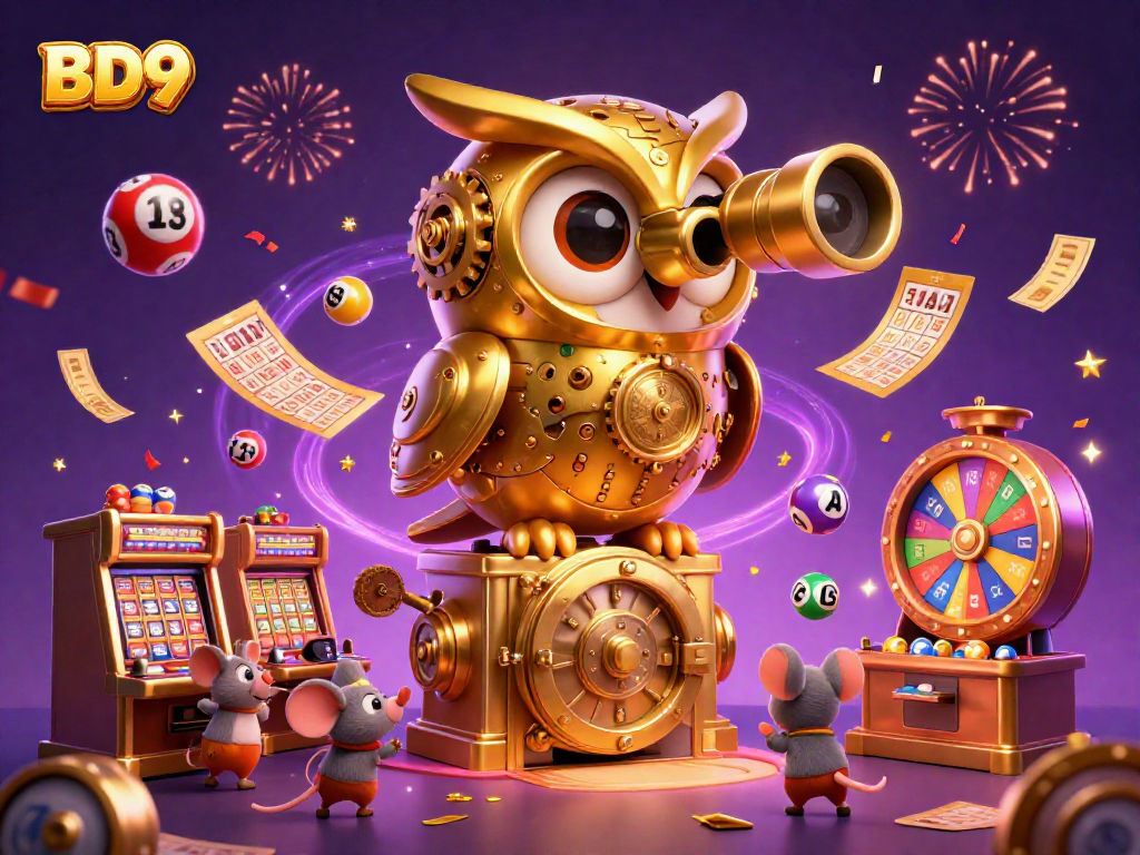 Engage in exciting gameplay at BD9 with a golden owl overseeing a vibrant online casino scene.