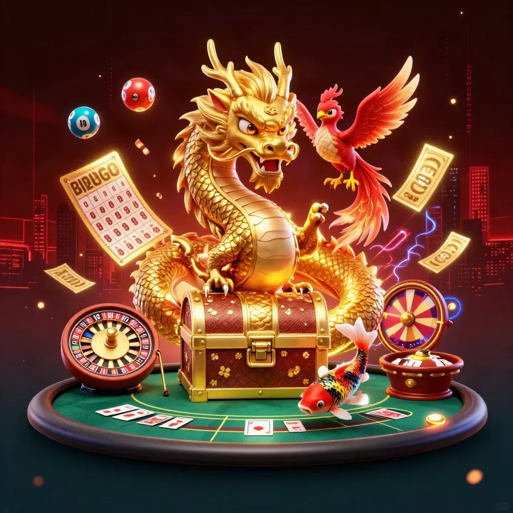 Golden dragon, phoenix, koi, and casino symbols glowing over a dark skyline in neon.