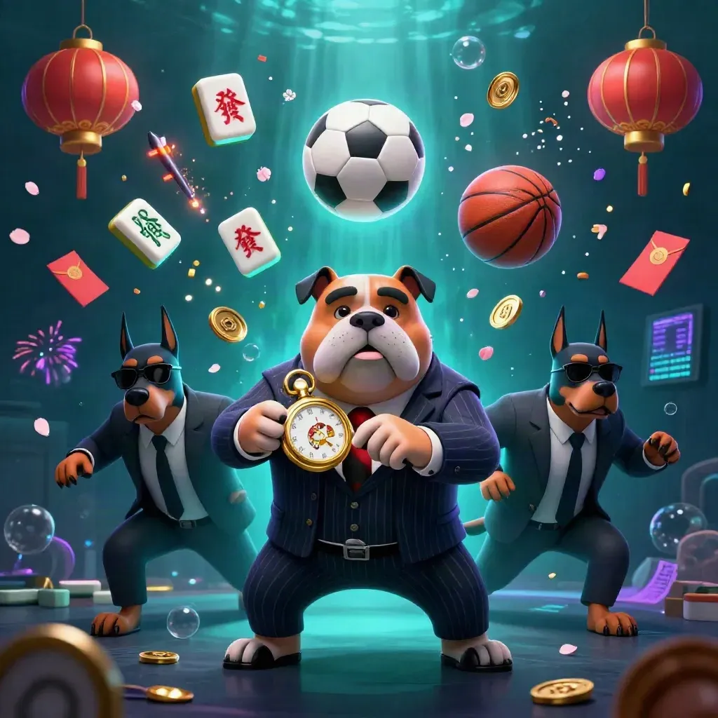 Cartoon bulldog mob boss with two Dobermans amid flying balls, coins, lanterns, and underwater light