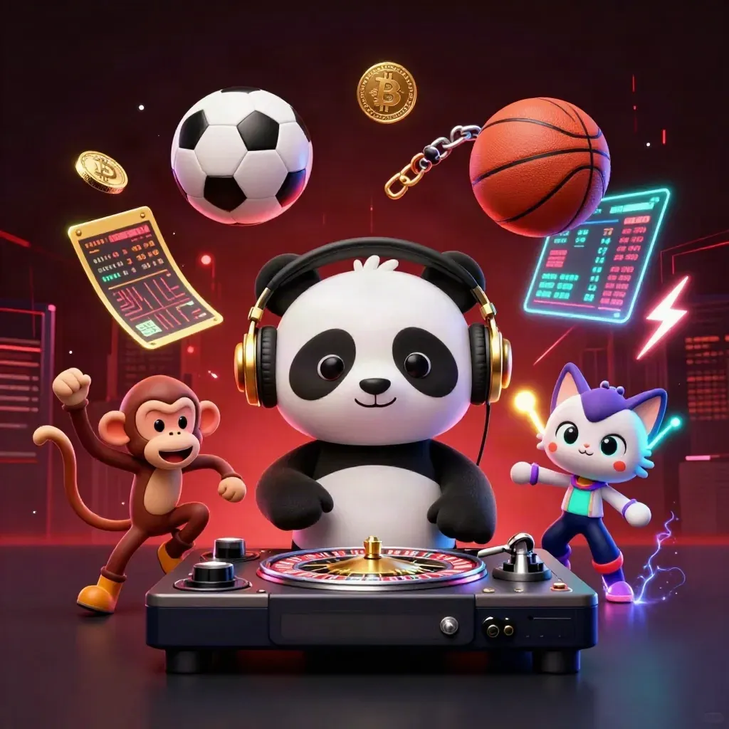 Mascot panda, monkey and kitten with casino lights, sports balls and crypto coins in neon chaos