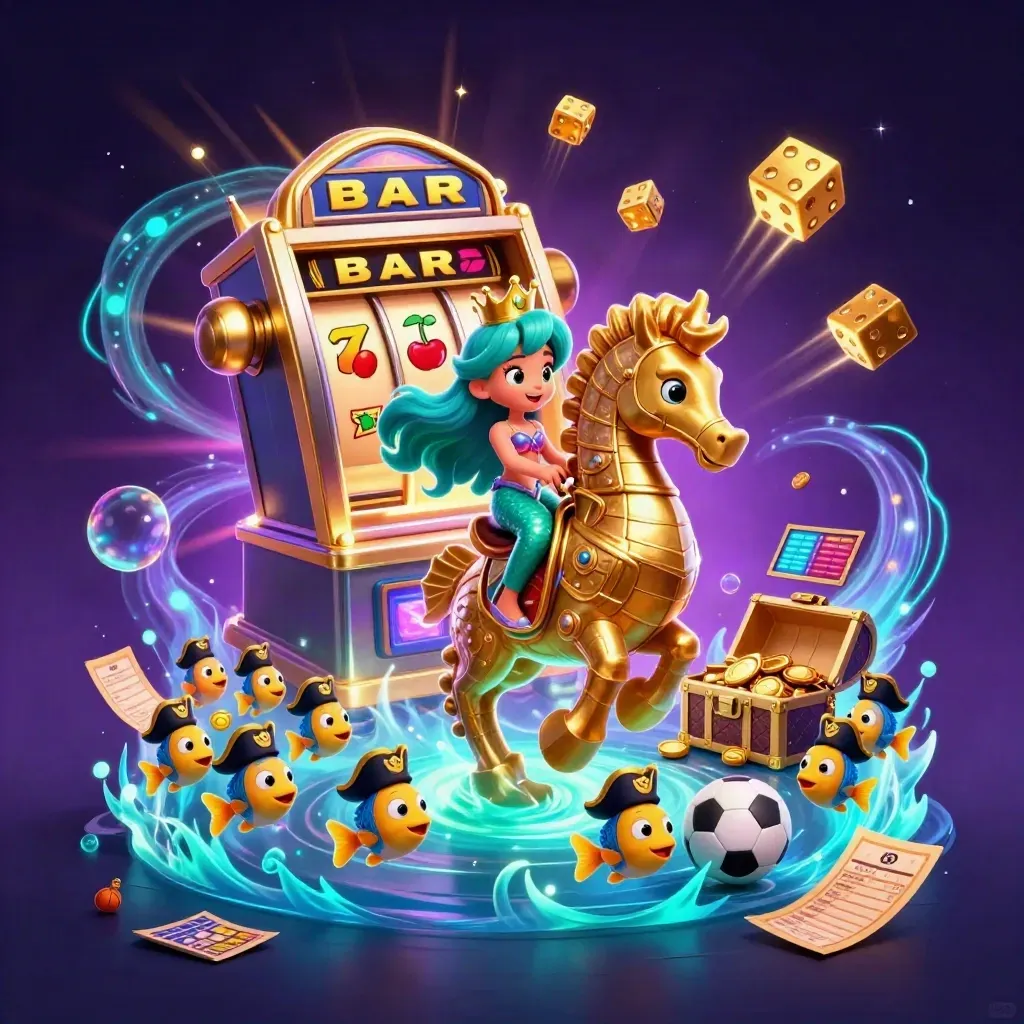 Mermaid princess on a golden seahorse amid casino symbols, glowing fish, and underwater magic.