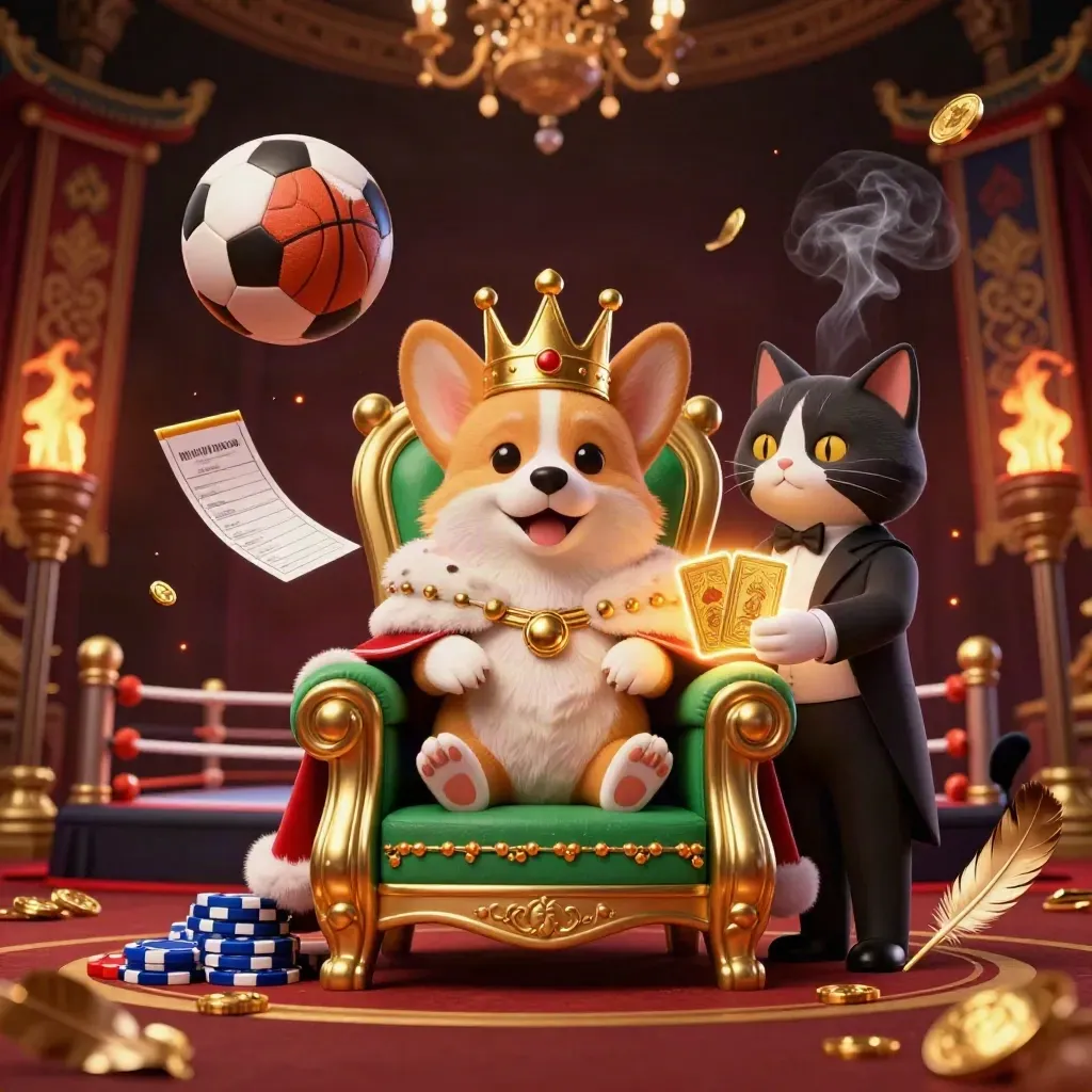 Corgi king and cat butler amid casino-lit sports balls, chips, coins, and torchlight.