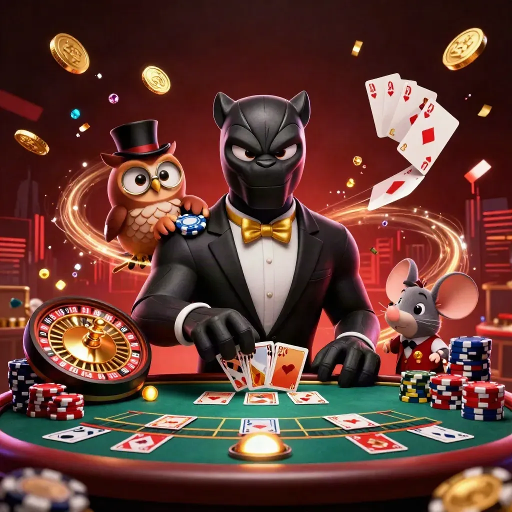 Panther, owl, and mouse in a luxe casino scene with coins, cards, chips, and a spinning roulette wheel.