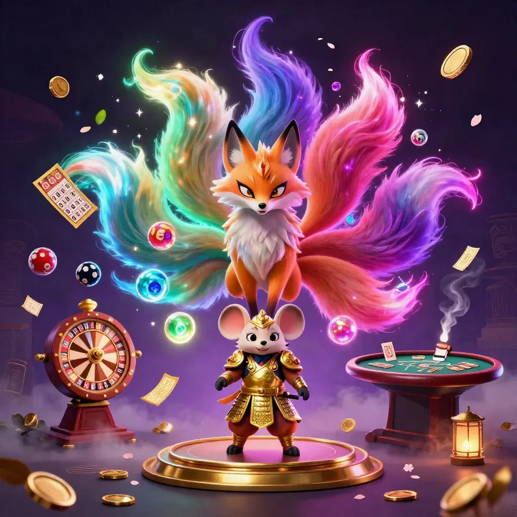 Neon fox spirit and samurai mouse amid casino magic, wheels, cards, and glowing loot.