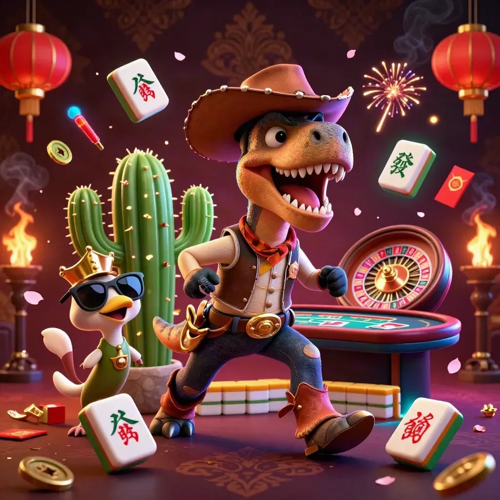 Cowboy T-Rex, cactus, and roadrunner amid casino glow, lanterns, coins, and a spinning wheel.