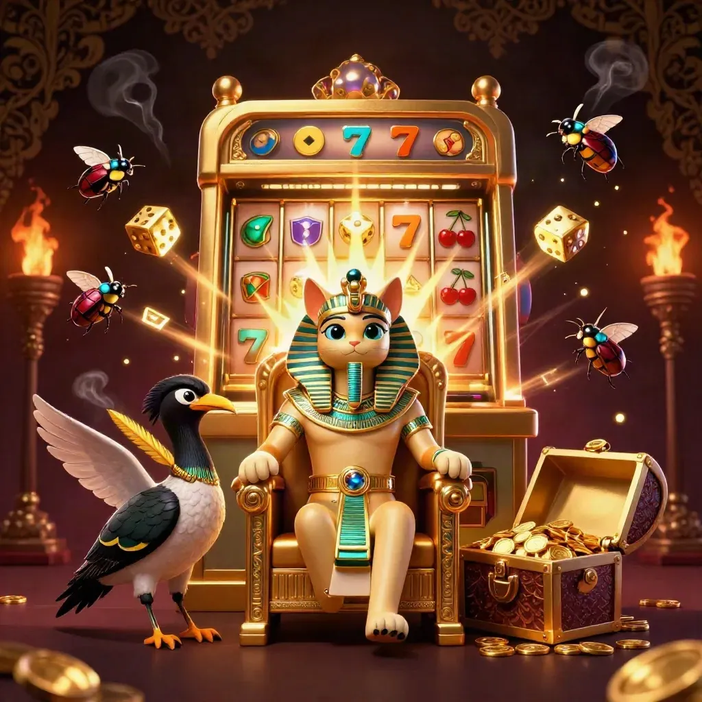 Pharaoh cat and ibis scribe amid a bursting slot machine, gems, gold, scarabs and emerald glow.