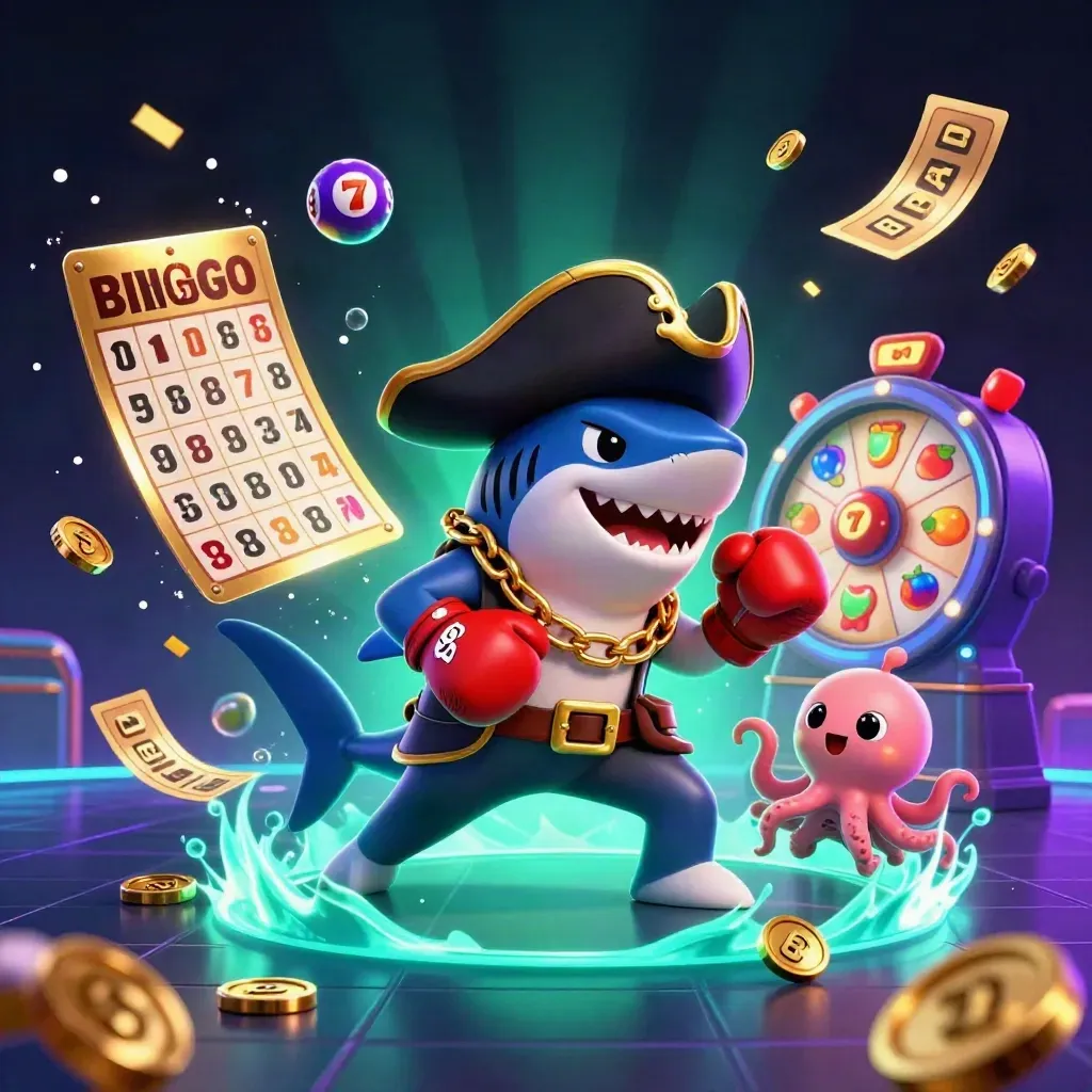 Shark pirate, red pufferfish, and baby octopus explode with casino lights and coins