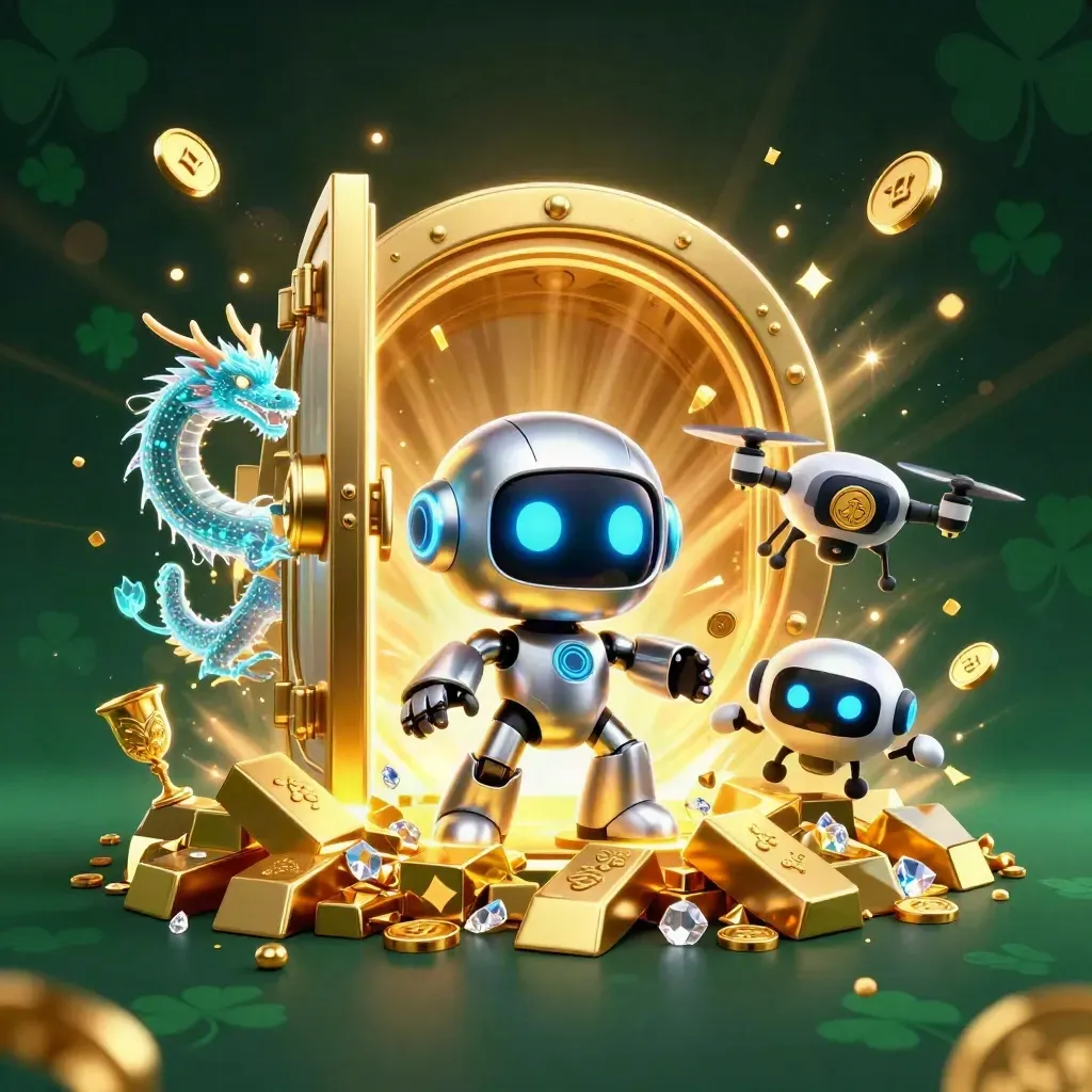 Cyberpunk robot, holographic dragon, and coin drone burst from a glowing treasure vault.