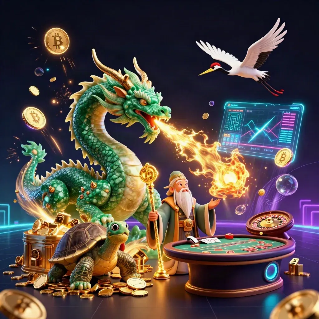 Emerald dragon, turtle sage, and cranes amid gold coins, casino symbols, and neon energy