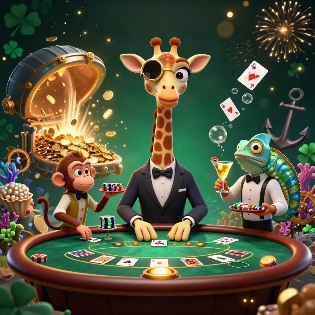 High-roller giraffe, monkey valet, and chameleon bartender amid coins, coral, and fireworks