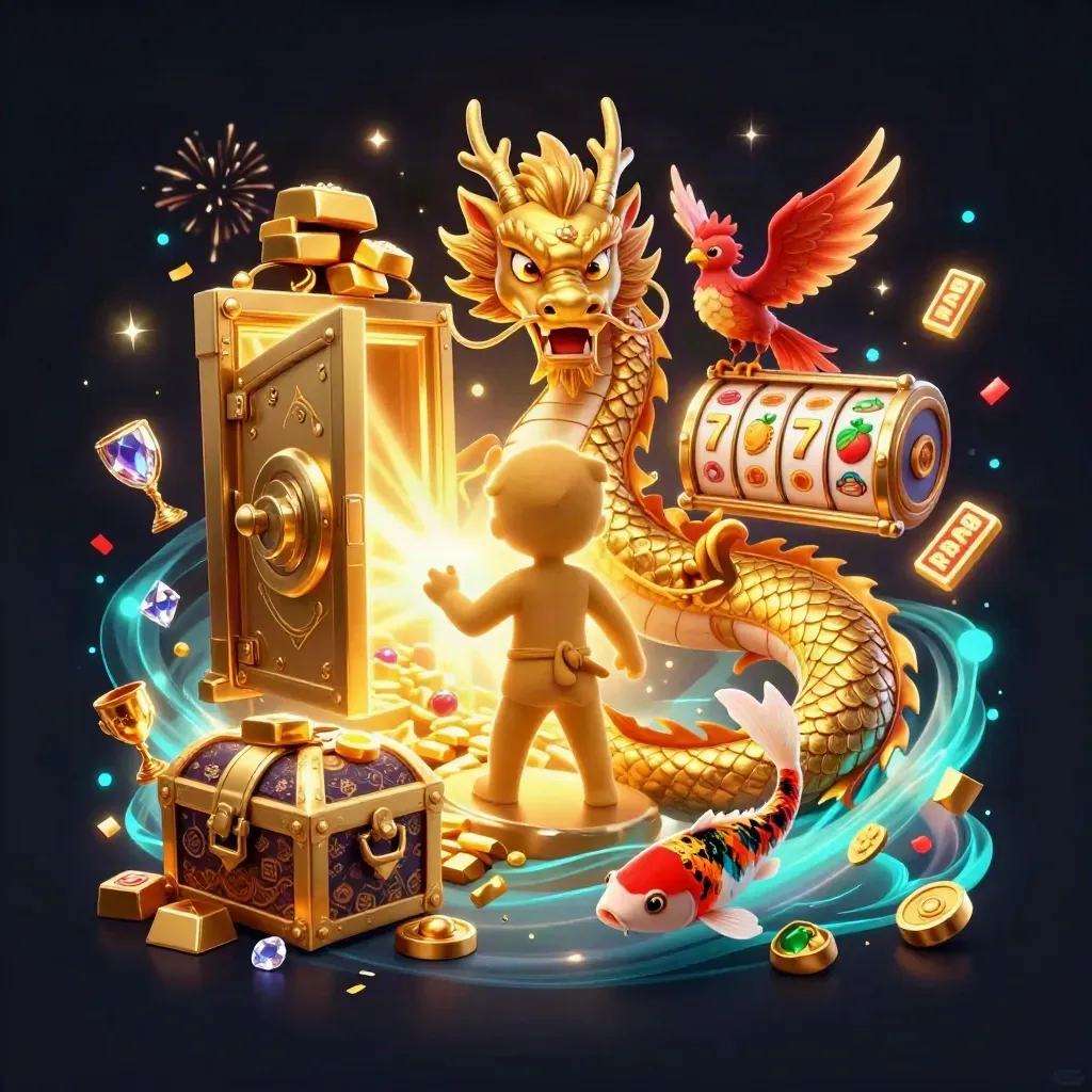 Golden dragon, phoenix, and koi with treasure vault, gold, and casino symbols on dark navy.