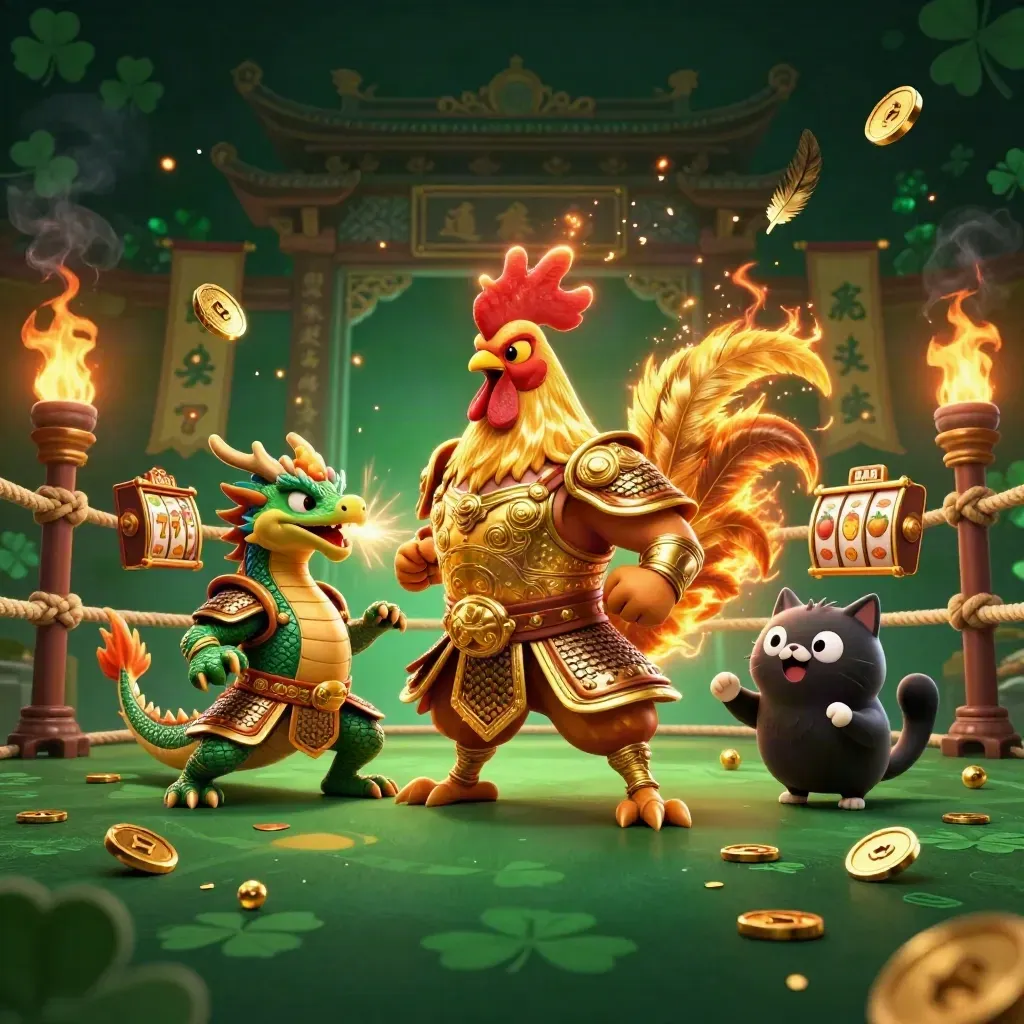 Rooster warrior, dragon hatchling, and lucky cat in a glowing casino fight scene