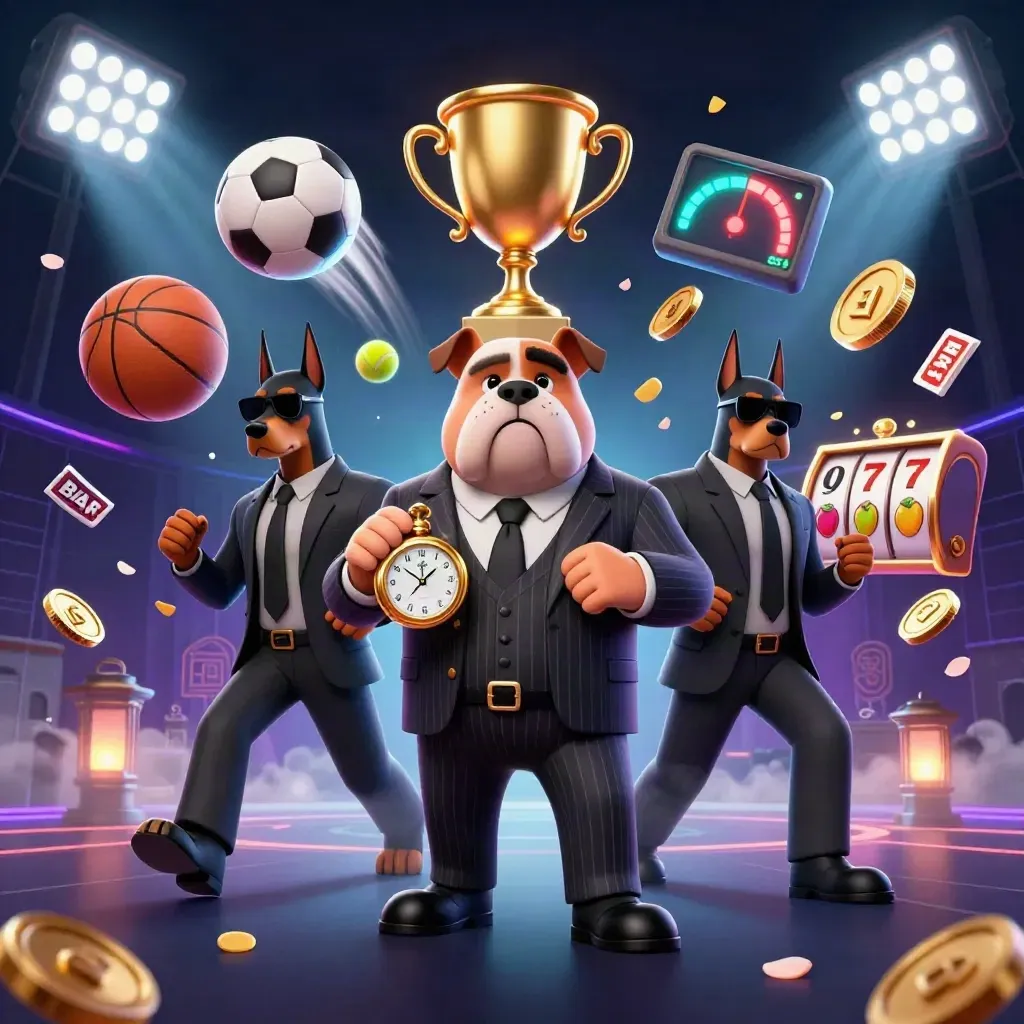 Boss bulldog and Doberman guards amid flying balls, coins, reels, and neon casino magic.