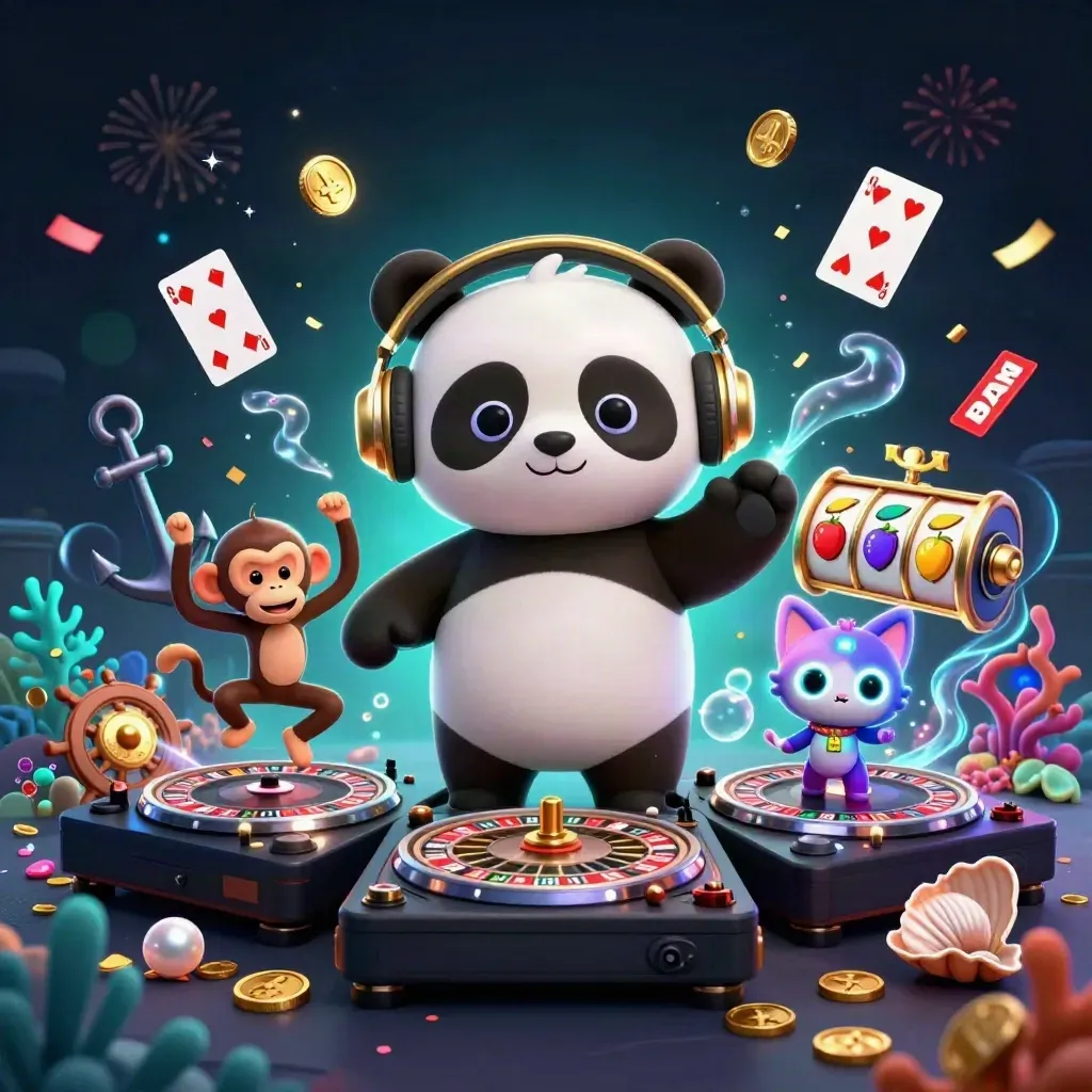 DJ panda, breakdancing monkey, and glow-stick kitten in a casino treasure cove