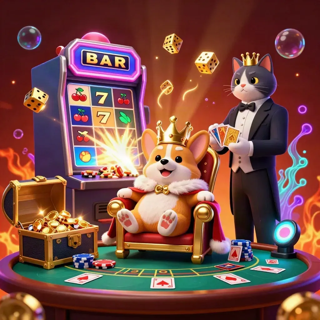 Royal corgi and cat butler amid jackpot slots, gold, dice, and neon casino glow