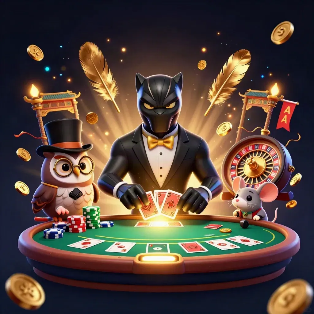 Panther, owl, and mouse amid casino magic, chips, cards, coins, and glowing gold.