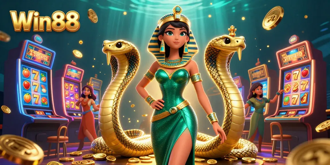 Experience the thrill of Win88 with a vibrant casino scene filled with slot machine excitement.