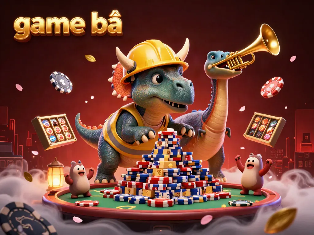 Engaging game bài scene featuring a triceratops building poker chip towers amid festive celebrations.