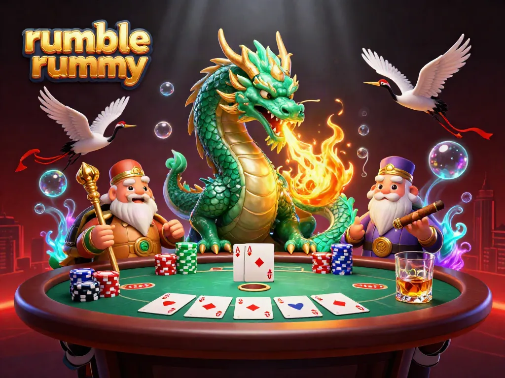 Experience the thrill of Rumble Rummy with a dragon, sage, and cranes amidst dynamic gaming elements