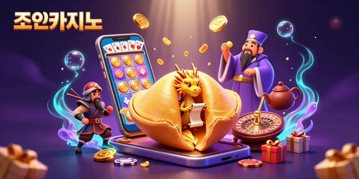 Join the excitement at 조이카지노 with a vibrant 3D casino scene featuring golden fortune cookies and dynamic slots.