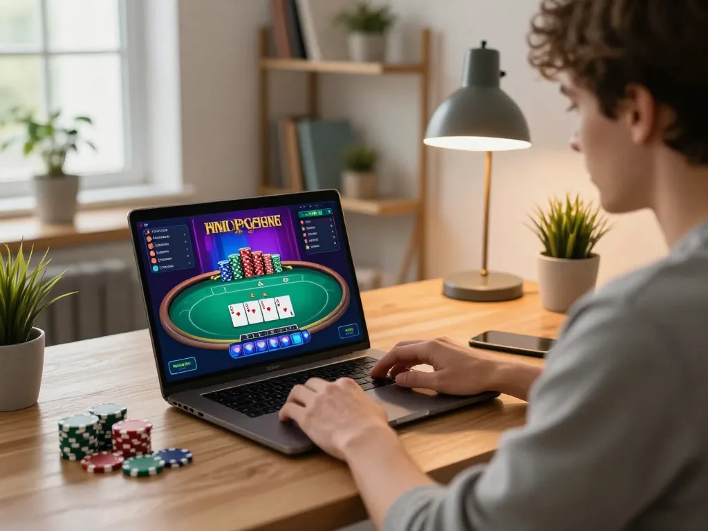 Experience thrilling online gaming with nhà cái fly88, showcasing engaging poker gameplay on a modern laptop.