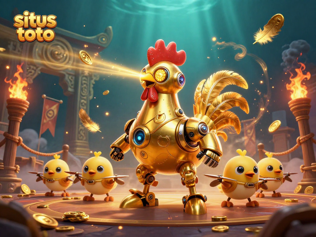 Situs toto features a golden rooster robot shooting lasers, surrounded by dynamic betting elements and rich colors.