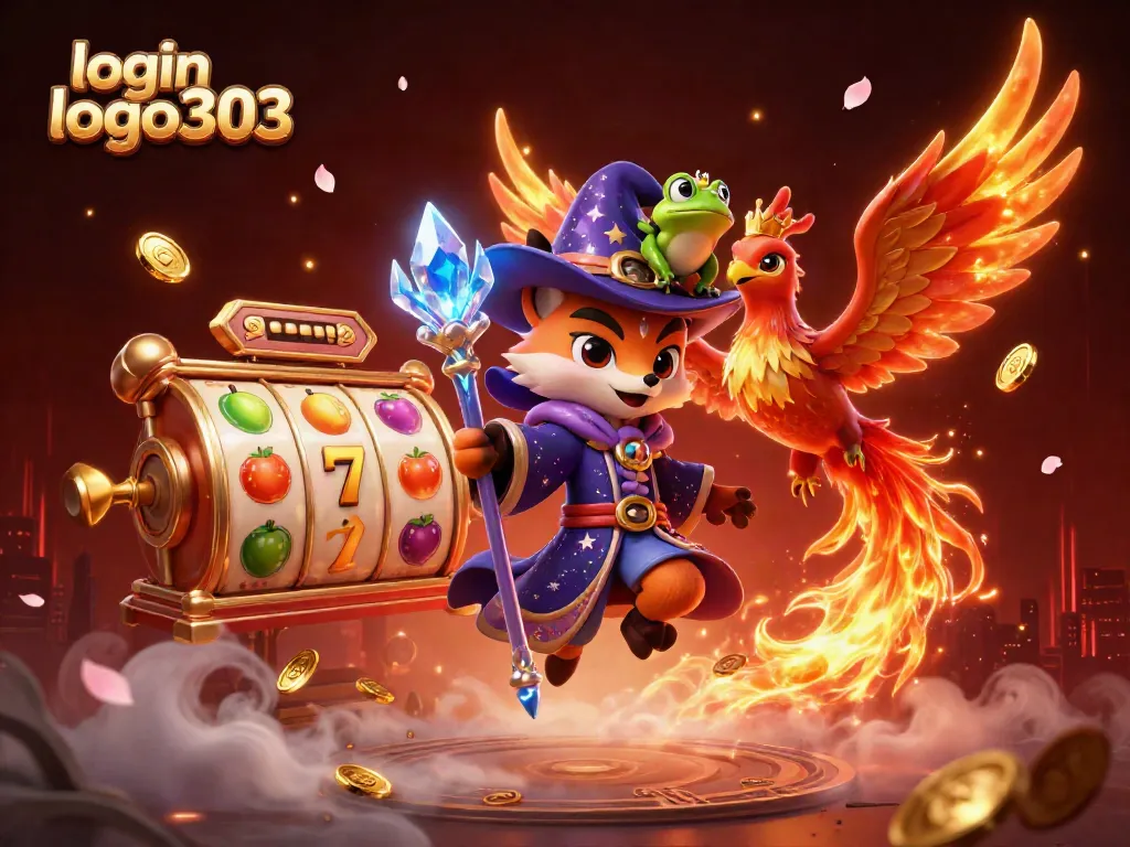Login logo303 dengan wizard kartun dan elemen kasino, penuh aksi.