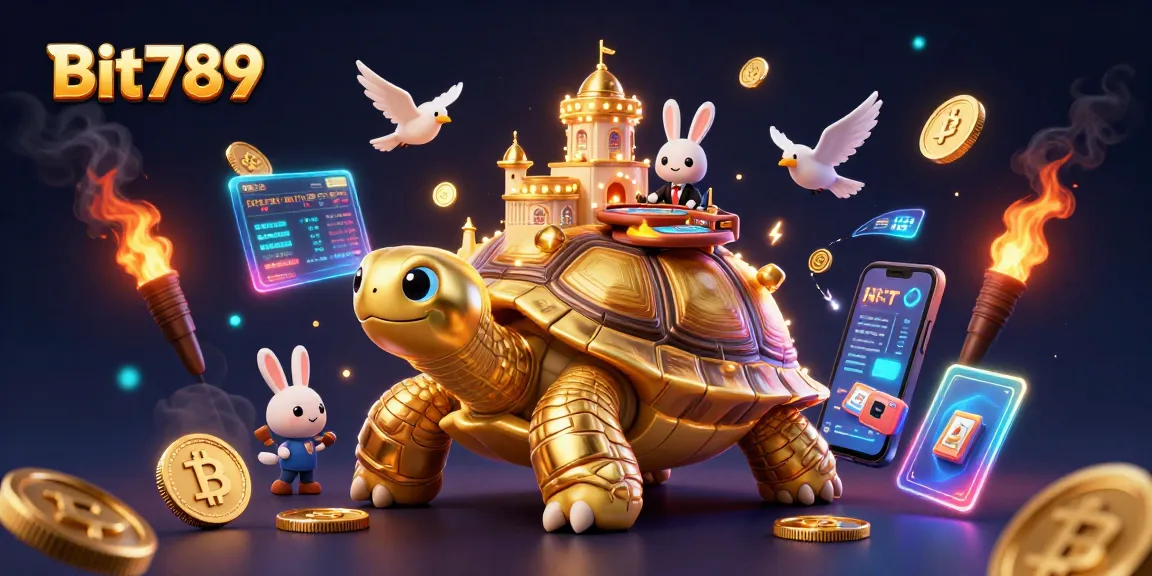Play slots and win with Bit789, showcasing a vibrant casino scene with crypto elements.