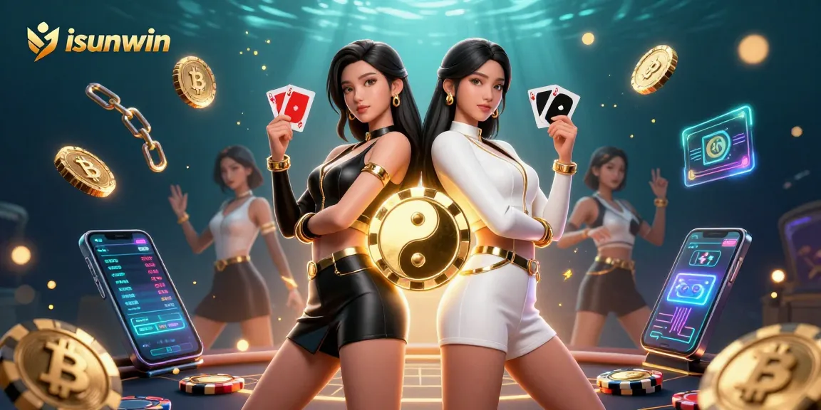 Play interactive casino games featuring isunwin with stunning twin women, glamorous outfits, and vibrant crypto elements.
