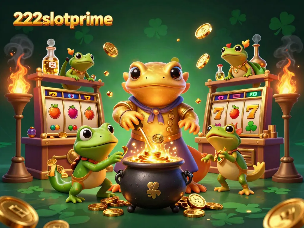 Ilustrasi 3D penuh detail menampilkan alkemis salamander berkilau emas di laboratorium, simbol slot, dan koin berkilau di sekitar 222slotprime.