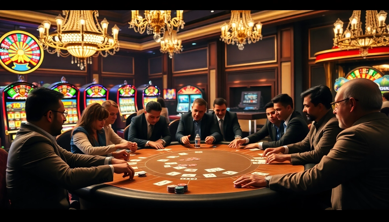 Permainan poker yang mendebarkan di kasino aman788 dengan berbagai pemain, mesin slot yang berwarna-warni, dan suasana mewah.