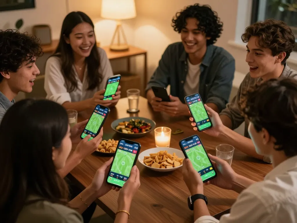 KÈO TRỰC TUYẾN app displayed during a lively sports betting session with friends, showcasing excitement and engagement.
