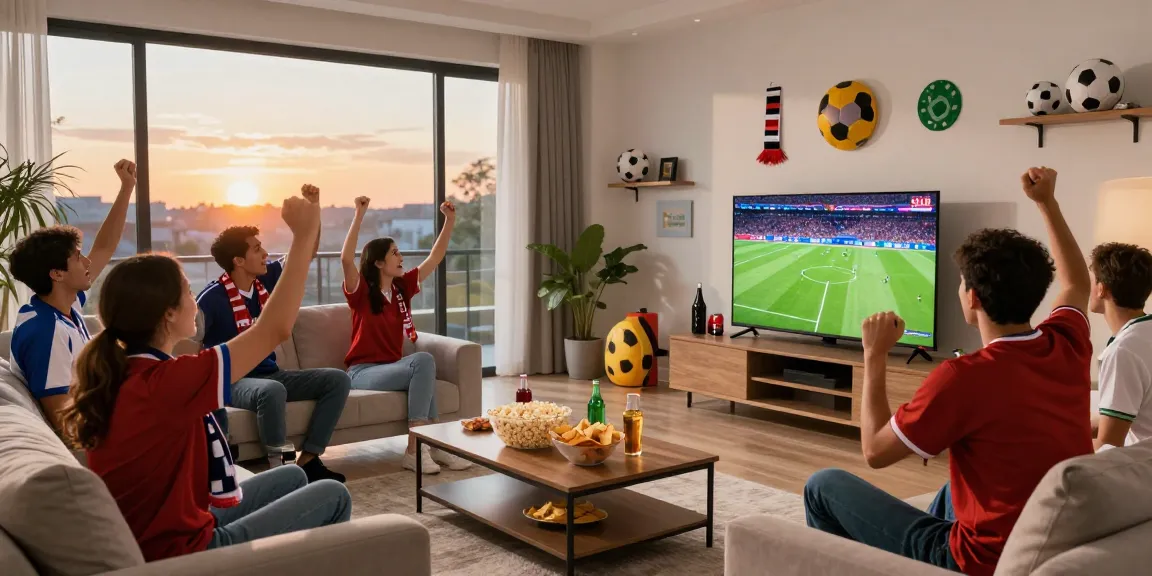 Excited fans enjoying كورة لايف live match in a cozy living room