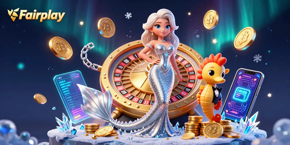Place your bets with Fairplay at the golden roulette wheel surrounded by digital coins and vibrant game elements.