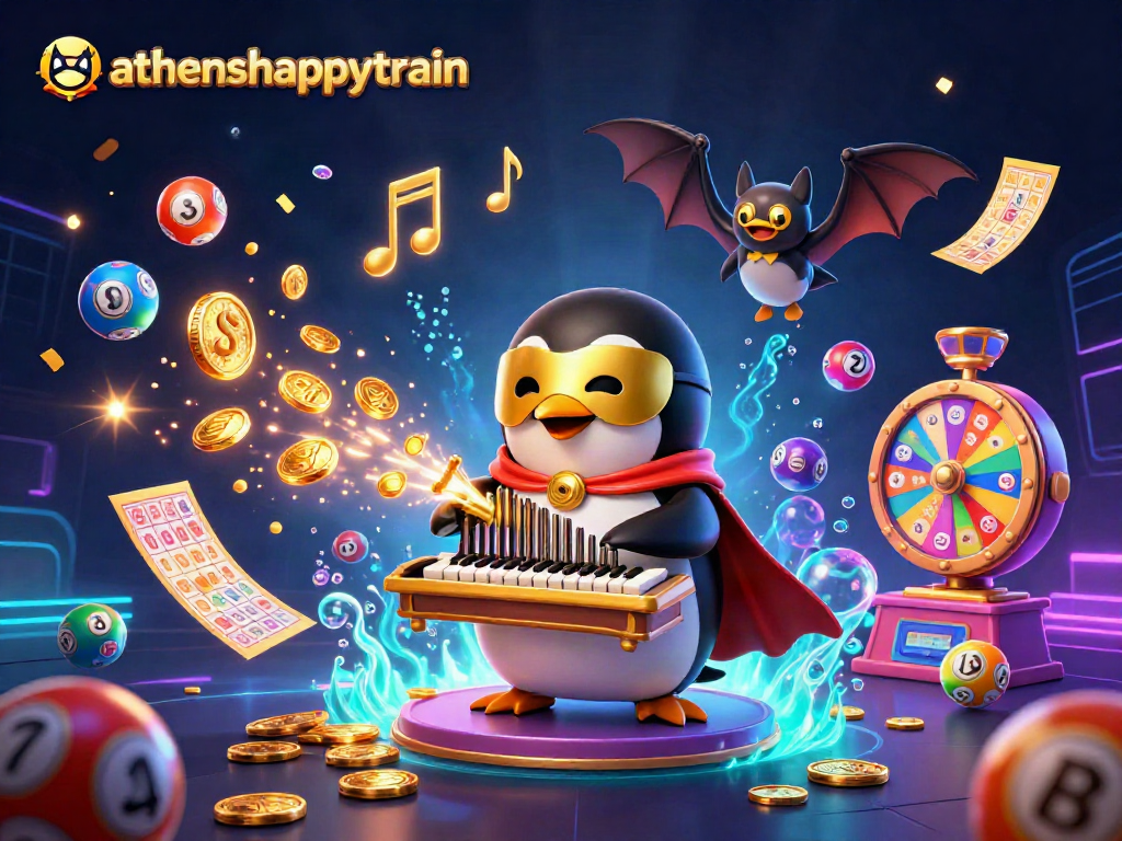 Experience the thrilling atmosphere of athenshappytrain with dynamic lottery elements and vibrant characters.