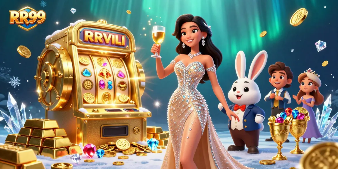 Join the excitement at RR99 with a stunning lady celebrating a jackpot win beside a massive slot machine.